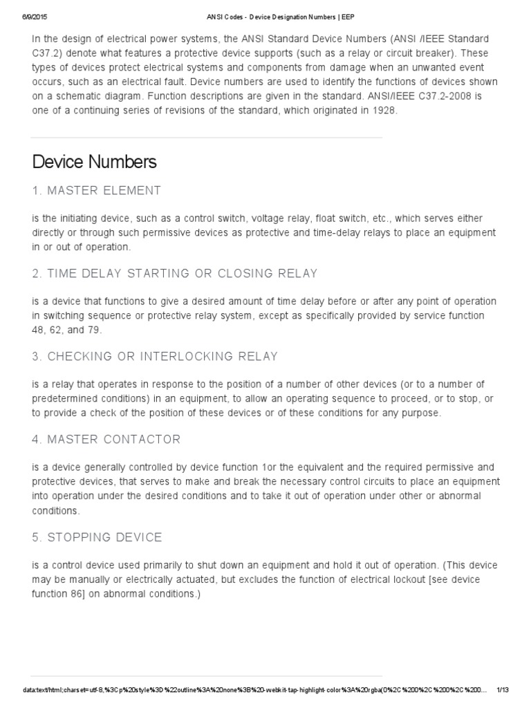 ANSI Codes Device Designation Numbers _ EEP Relay Switch