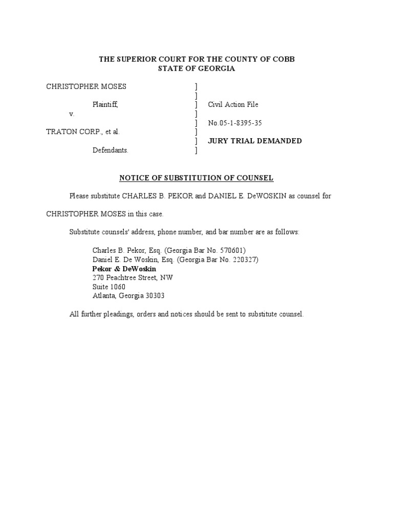 NOTICE of Substitution of Counsel United States Law Lawsuit
