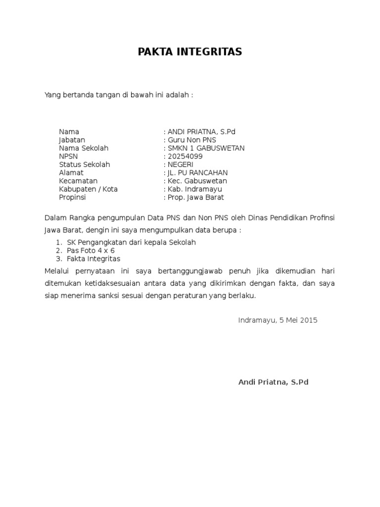 Contoh Surat Pakta Integritas Kepala Sekolah  Kumpulan Surat Penting