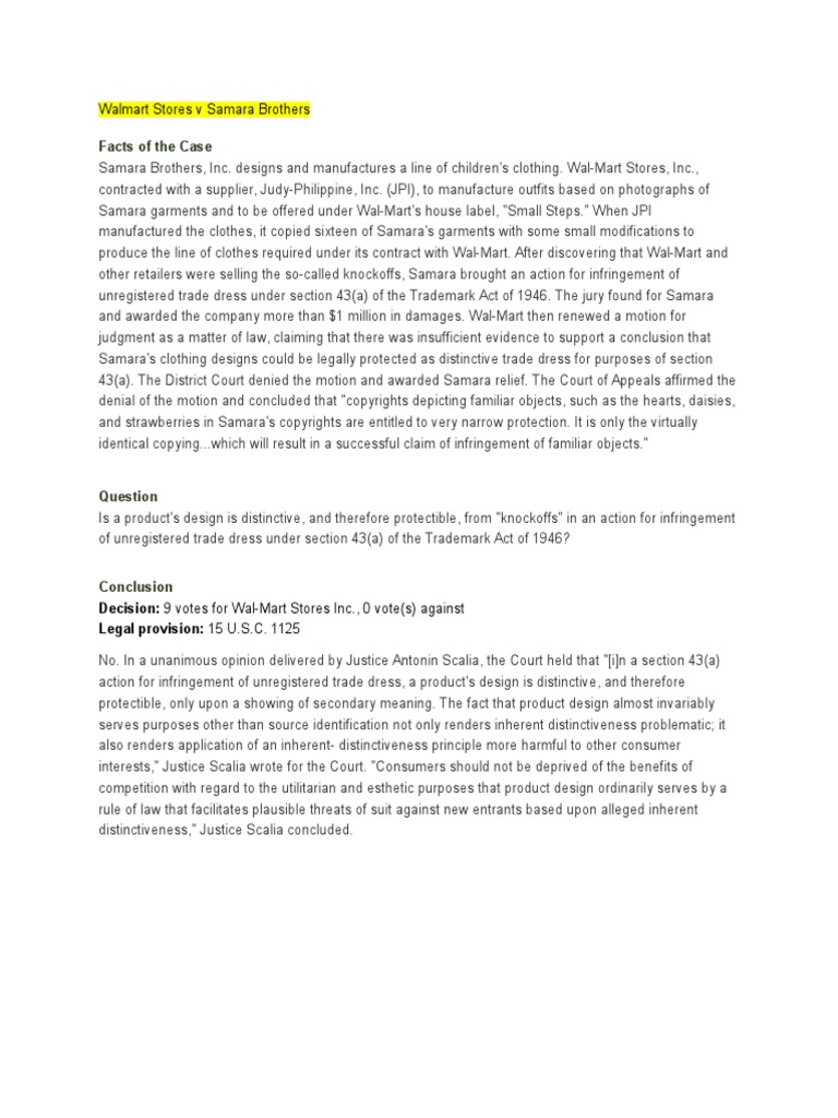 wal-mart v. samara brothers trade dress product design secondary meaning Walmart v. Samara Brothers Case Summary | PDF | Trade Dress