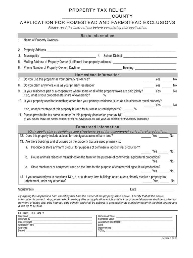 Property Tax Relief Homestead and Farmstead Exclusion Application PDF Taxpayer Farms