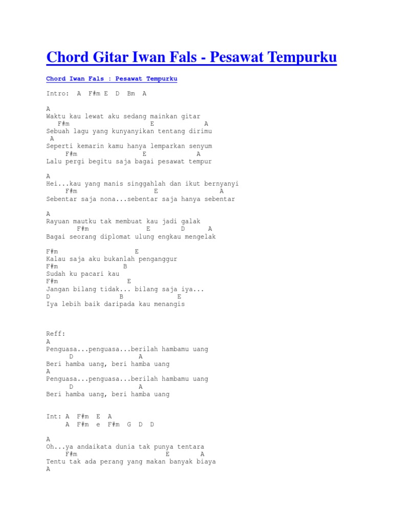 Chord Iwan Fals Pesawat Tempurku