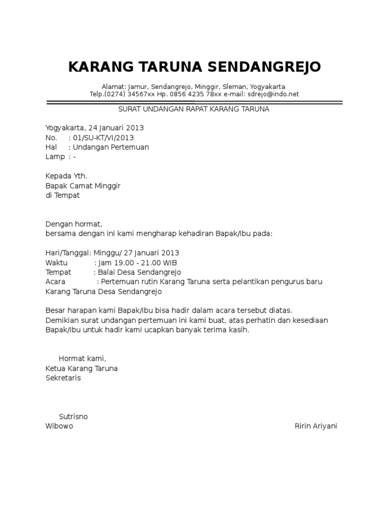 Contoh Surat Undangan Rapat Karang Taruna