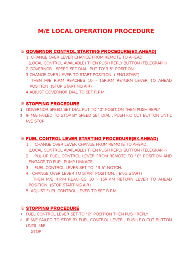 M/E Local Operation Procedures Guide | PDF