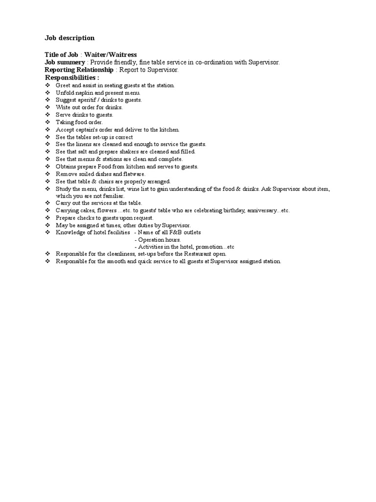 FB Fbs JD Waiter, Hostess, Captain, Supervisor | PDF | Waiting Staff ...