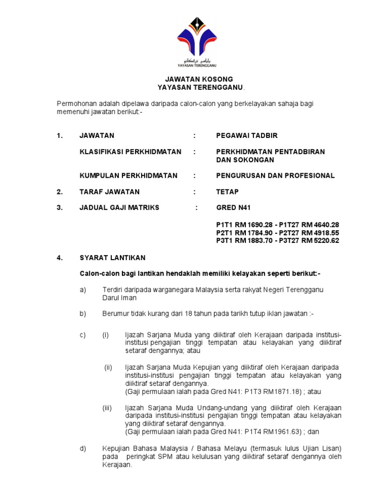 Iklan Jawatan Kosong Di Yayasan Terengganu Yt Feb 2010 Pdf