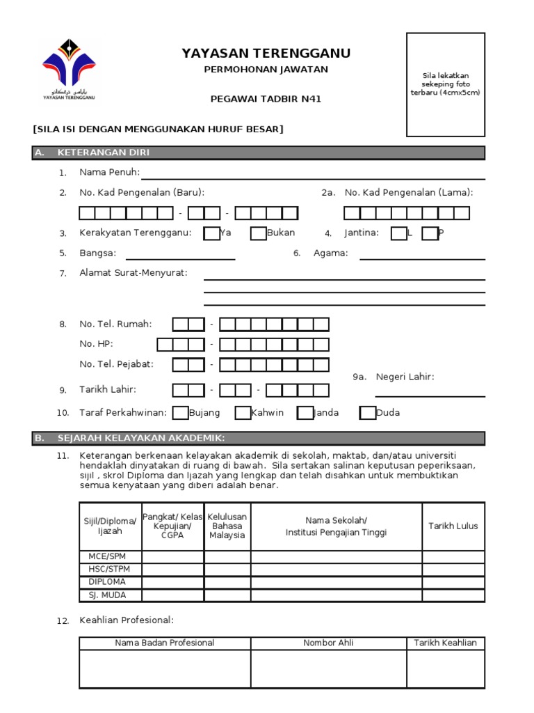 Borang Permohonan Jawatan Kosong Di Yayasan Terengganu Yt Pdf
