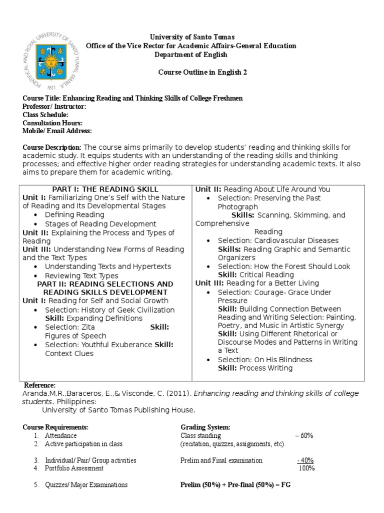 Course Outline in English 2 | PDF | Speed Reading | Reading (Process)