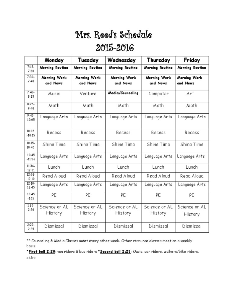 Mrs. Reed's 2015-2016 Class Schedule | PDF | Language Arts & Discipline