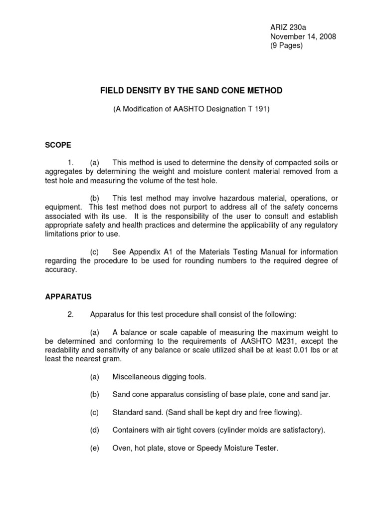 Field Density Test Using Sand Cone Method | PDF | Density | Nature
