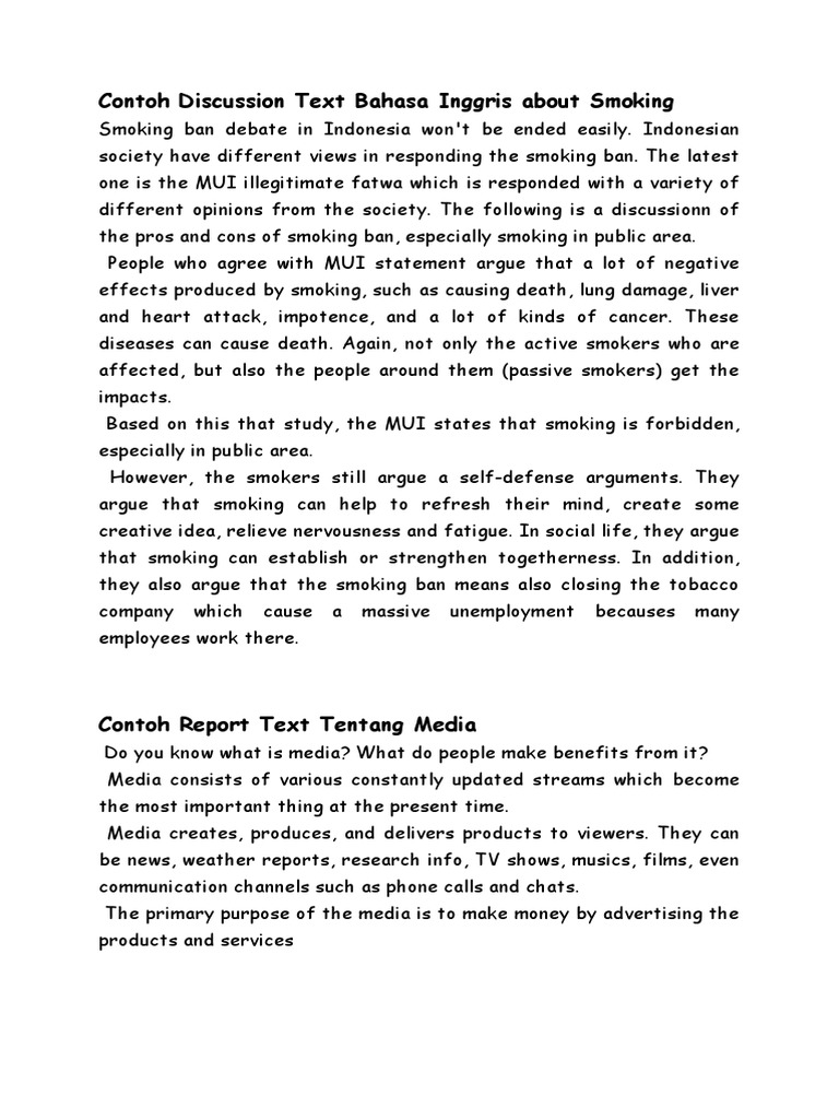 5 Contoh Discussion Text Bahasa Inggris About Smoking | PDF | Smoking