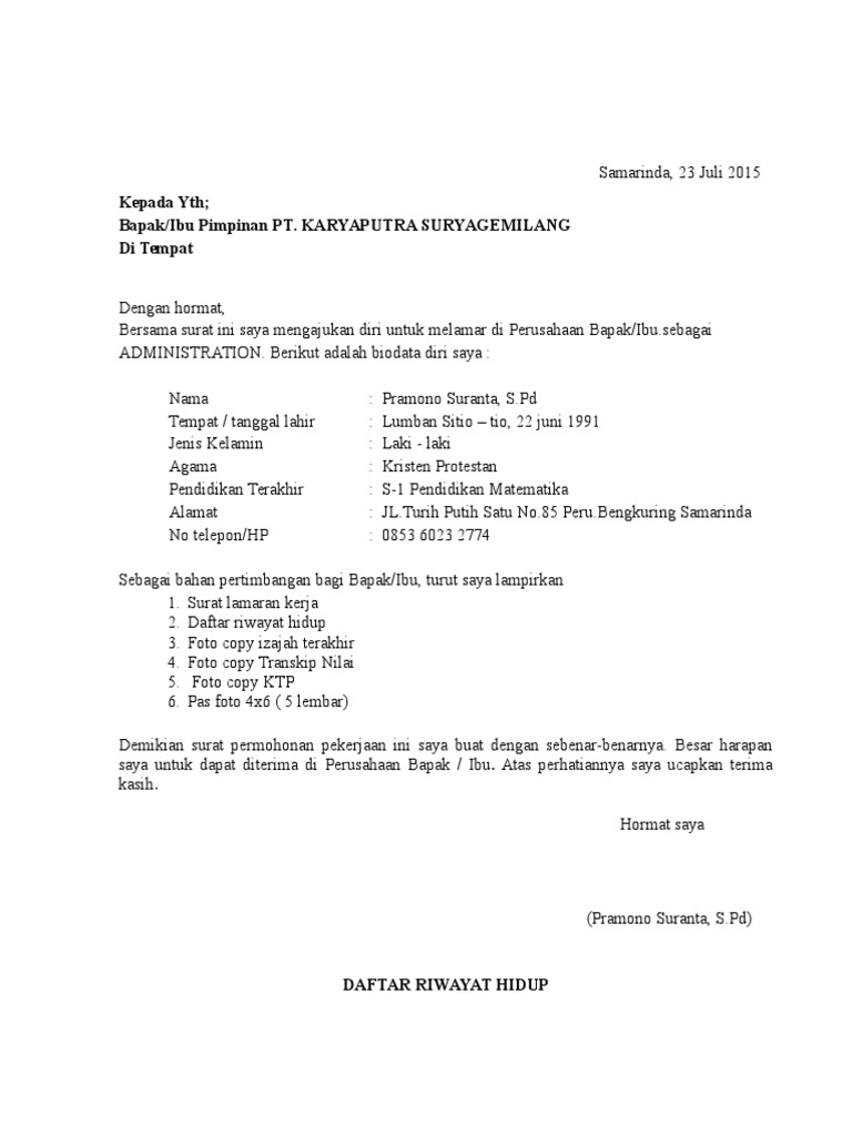 Lamaran Kerja And Daftar Riwayat Hidup1