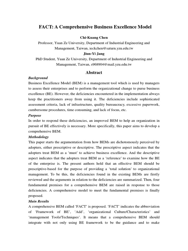 A Comprehensive Business Excellence Model Case Study in Taiwan | PDF