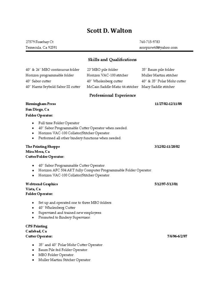 Bindery Operator Resume for Scott Walton | PDF