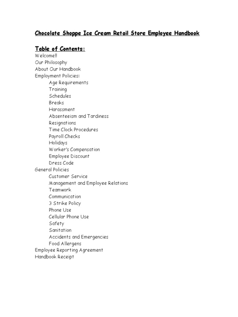 Chocolate Shoppe Ice Cream Retail Store Employee Handbook Payroll