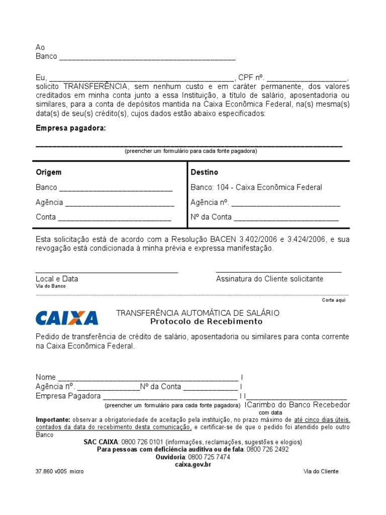 Formulario Portabilidade Caixa Econômica