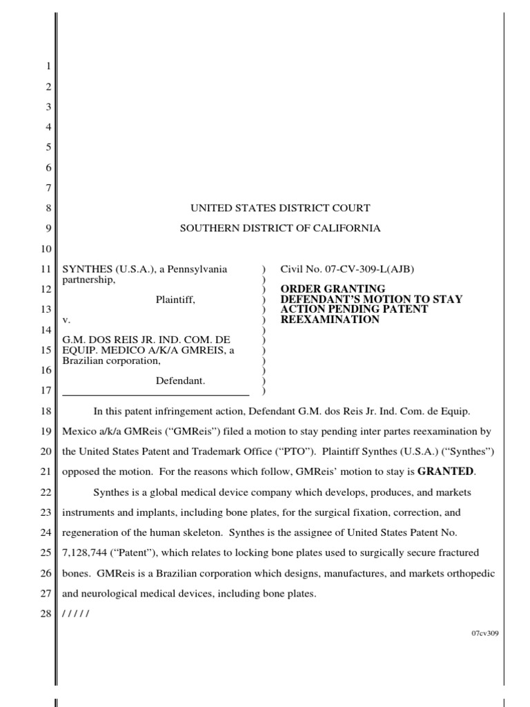 Motion To Stay PDF Reexamination Prior Art