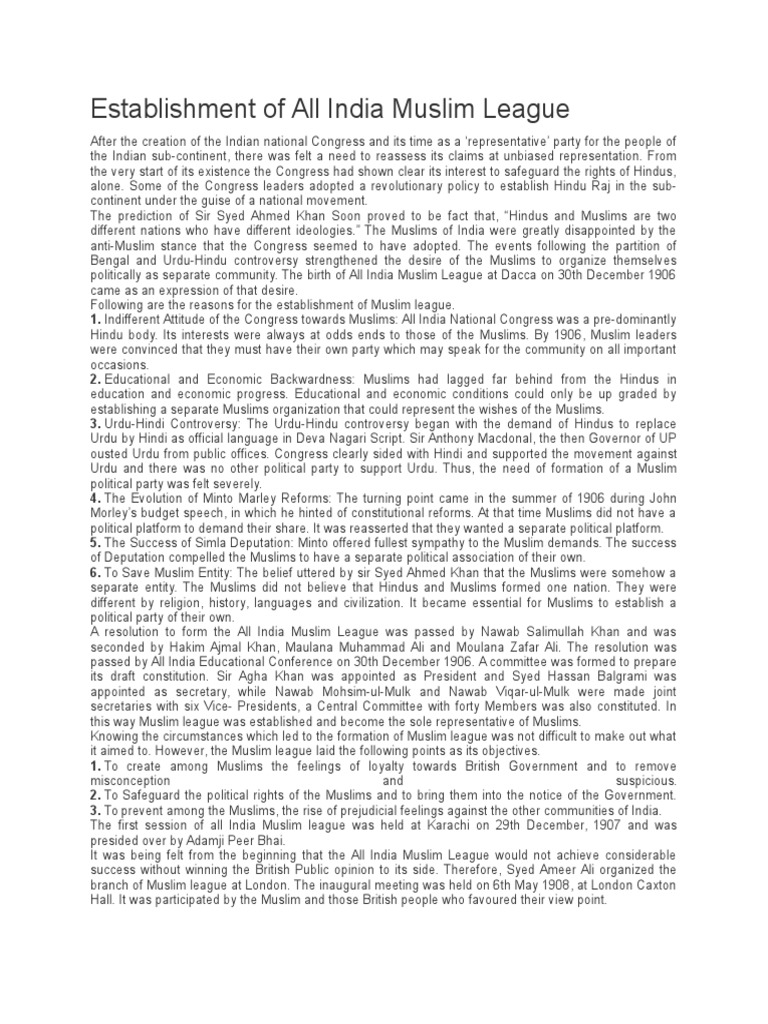Formation of All India Muslim League 1906 | PDF | All India Muslim ...
