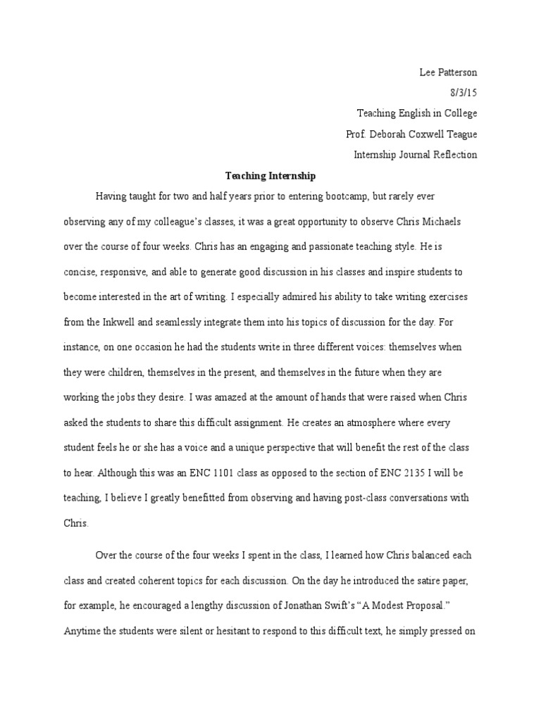 Internship Journal Reflection | PDF | Satire | Essays