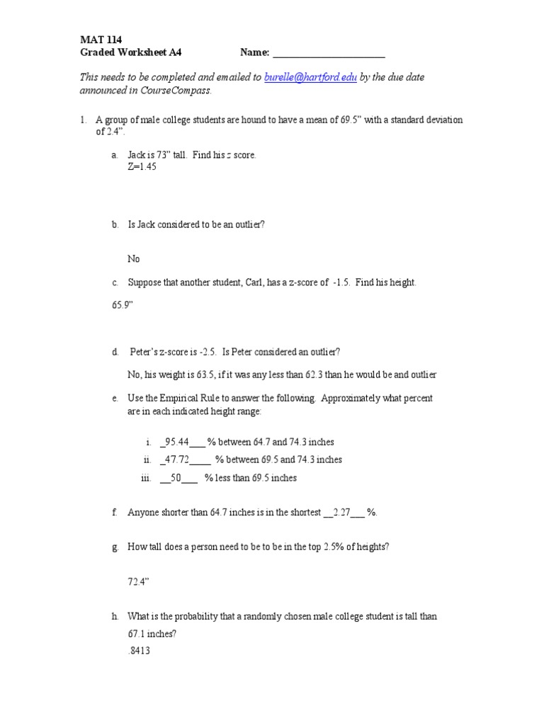 MAT 114 Graded Worksheet A4: Z-Scores & Heights | PDF | Career & Growth ...