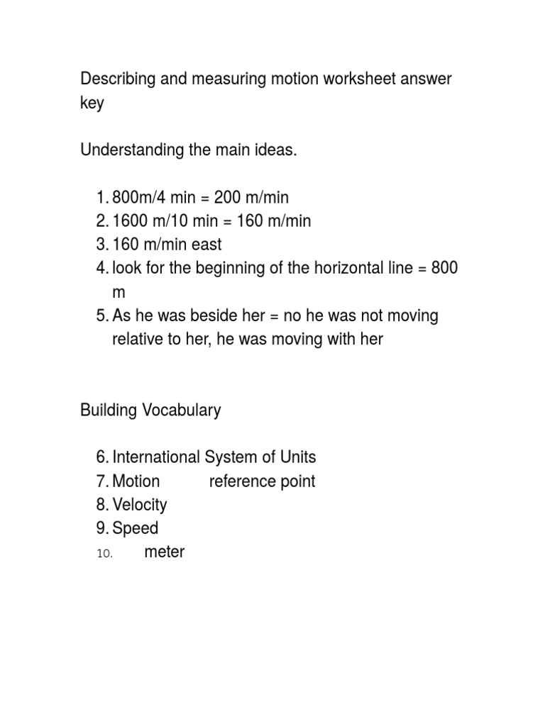 Describing And Measuring Motion Worksheet Answer Key Physical Phenomena Physical Quantities