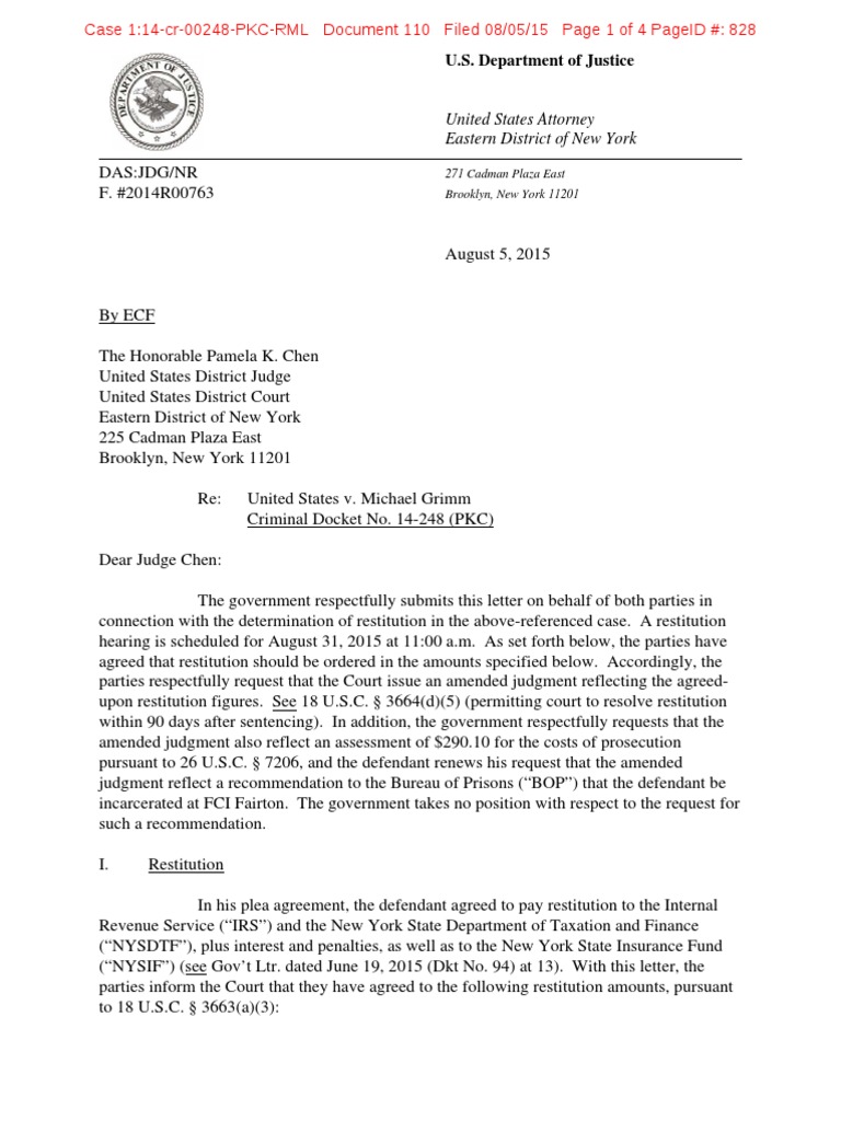 Grimm Restitution Letter PDF Internal Revenue Service Prosecutor