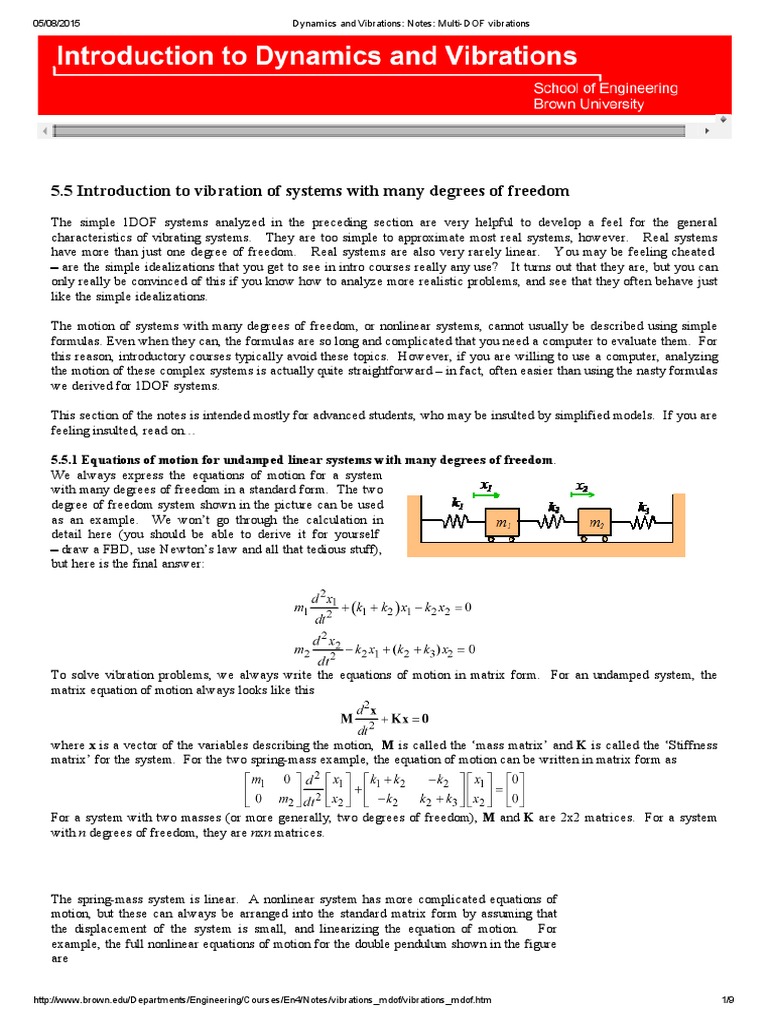 Dynamics and Vibrations Notes MultiDOF Vibrations PDF PDF