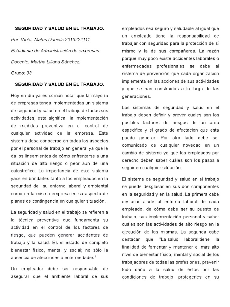 Seguridad y Salud en El Trabajo. Salud Ocupacional | PDF | La seguridad ...