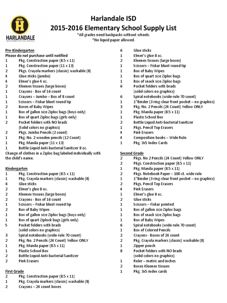 Harlandale 20152016 Elementary School Supply List PDF Pencil
