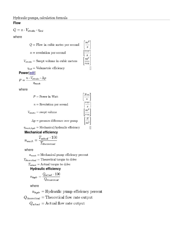 Where: Hydraulic Pumps, Calculation Formula | PDF