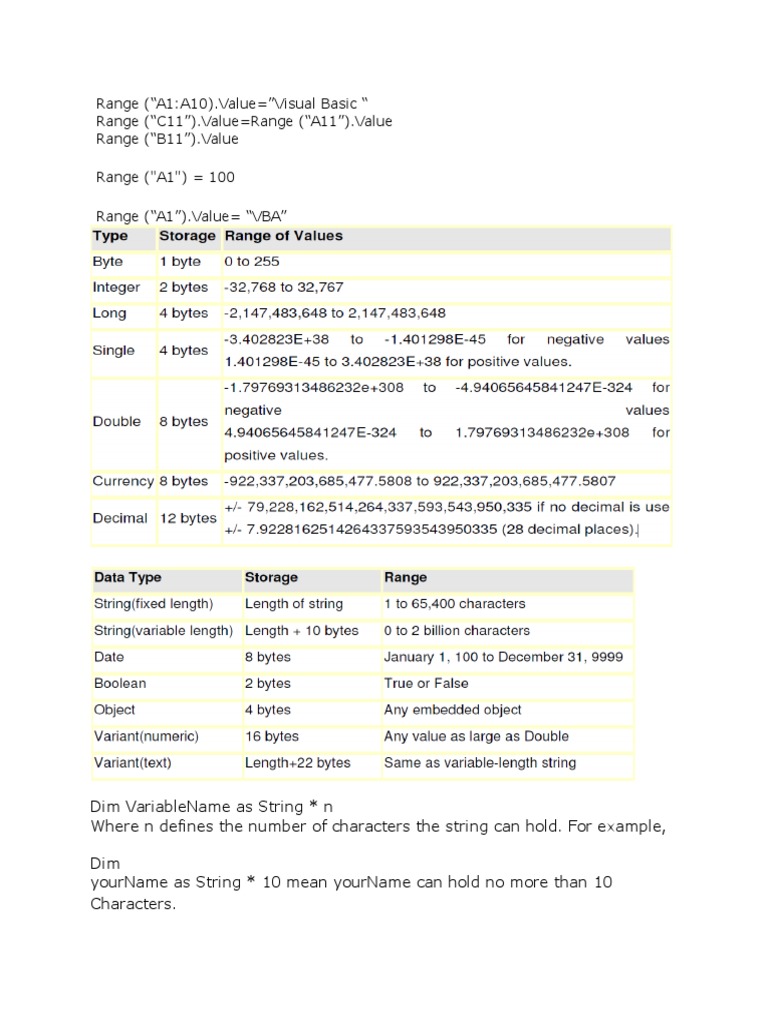 Range ("A1A10) .Value "Visual Basic " Range ("C11") .Value Range ("A11