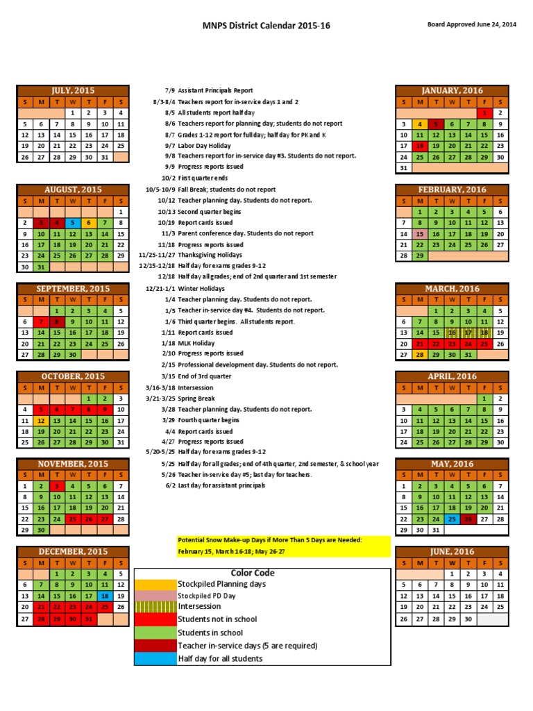 2015-16 Mnps District Calendar | PDF | Academic Term | Educational  Institutions