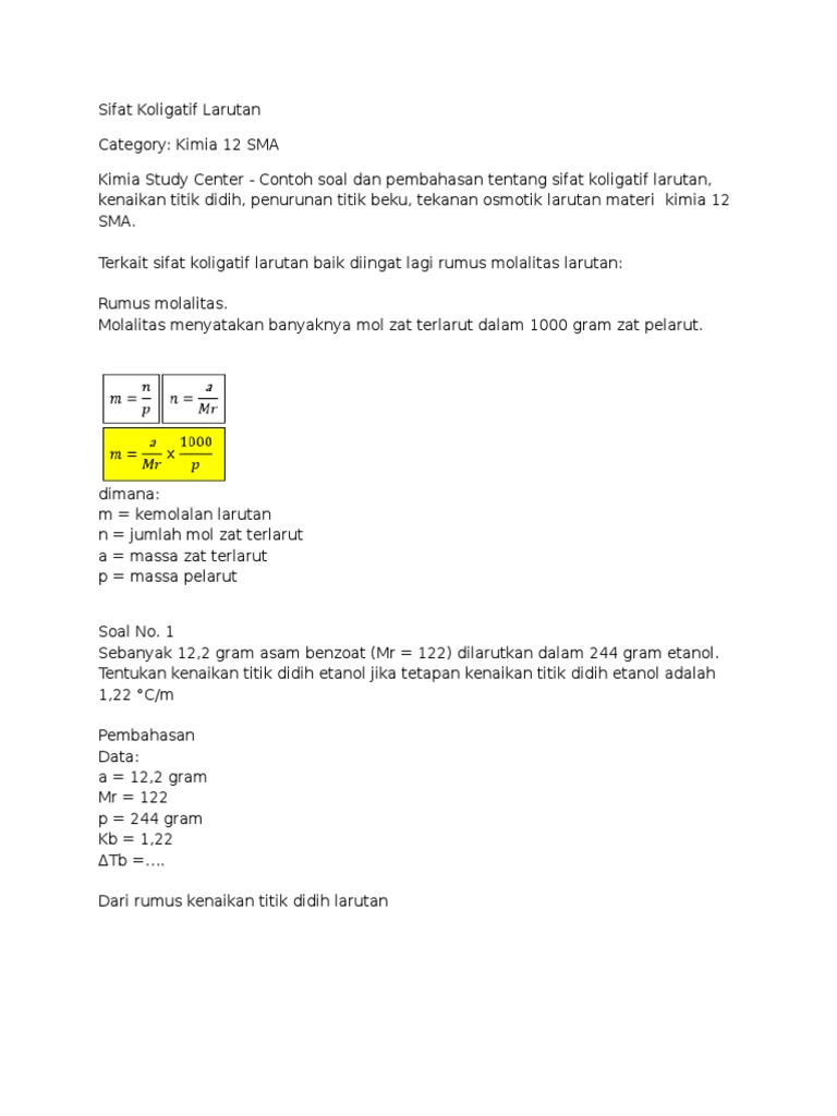 Contoh Soal Dan Pembahasan Sifat Koligatif Larutan