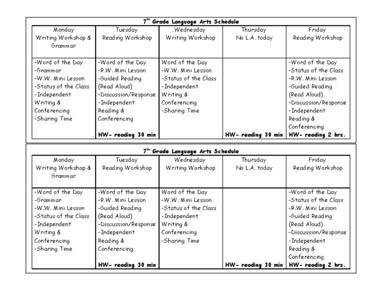 7th Grade Language Arts Schedule PDF