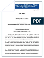 Press Release On Eigtheenth Sapru House Lecture by Justice Carpio On South China Sea/ West Philippine Sea Dispute