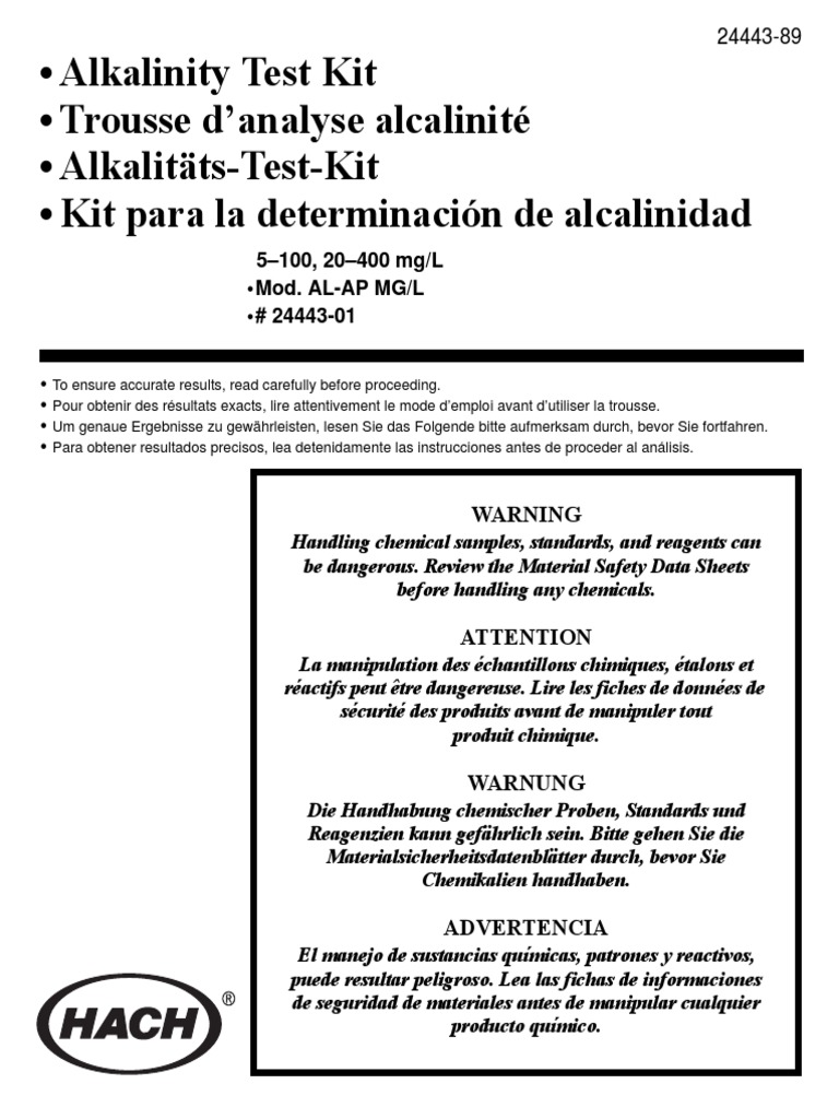 Alkalinity Test Kit (Hach) PDF Chemical Compounds Analytical