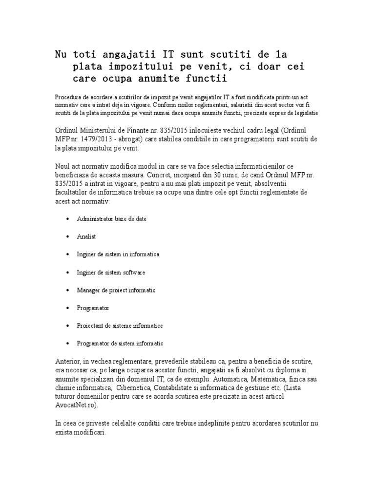 Nu Toti Angajatii It Sunt Scutiti De La Plata Impo