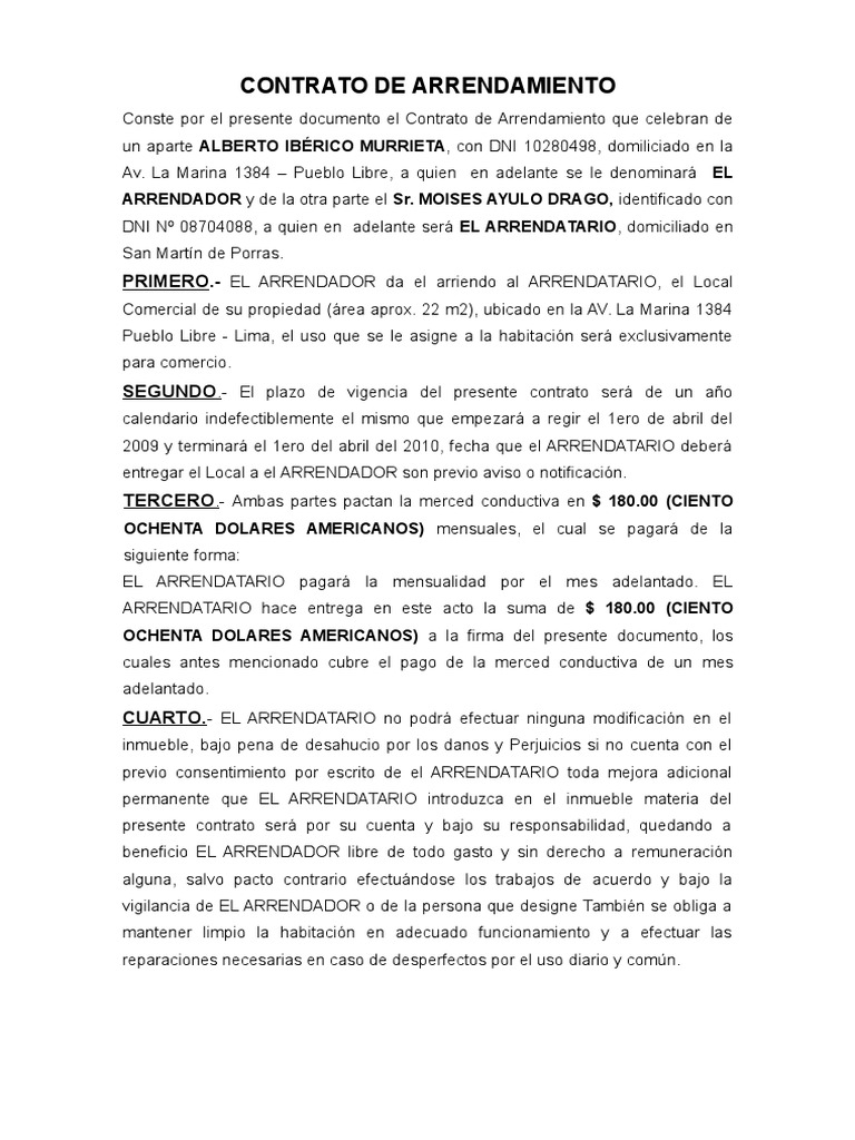 CONTRATO DE ARRENDAMIENTO.doc Alquiler Pagos