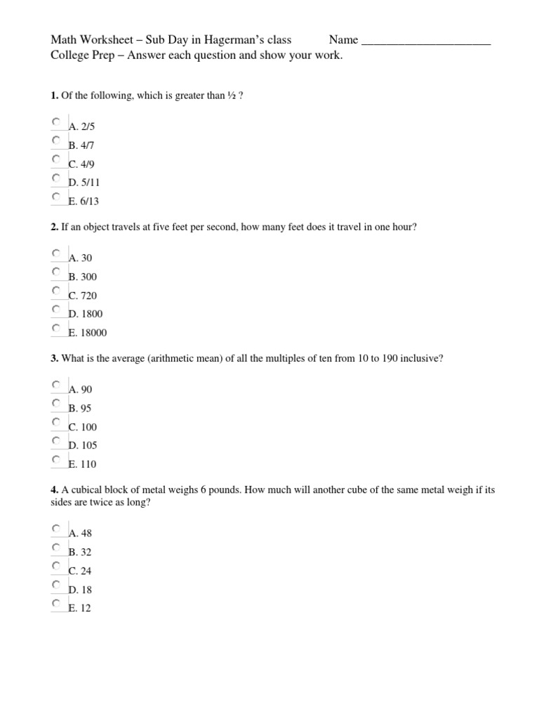 Math Worksheet for College Prep Students | PDF