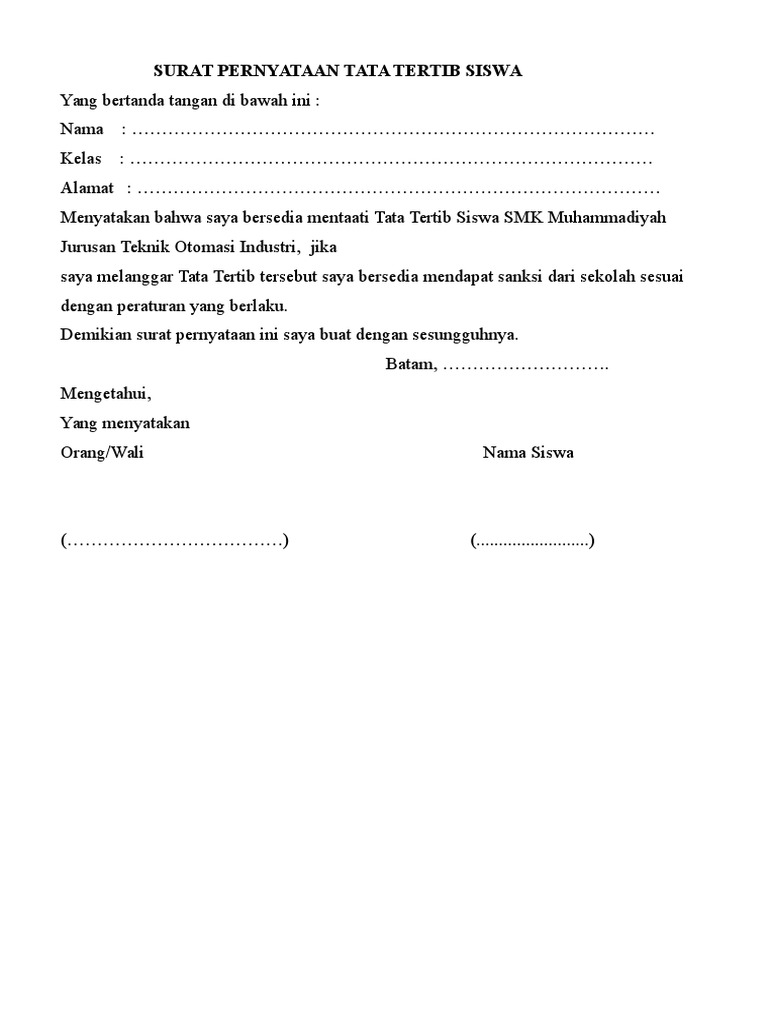 Surat Pernyataan Tata Tertib Siswa Pdf