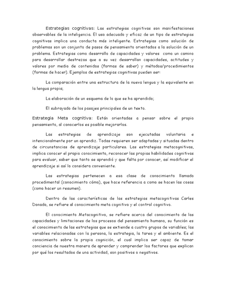 Estrategias Cognitivas y Meta Cognitiva | PDF | Aprendizaje | Conocimiento