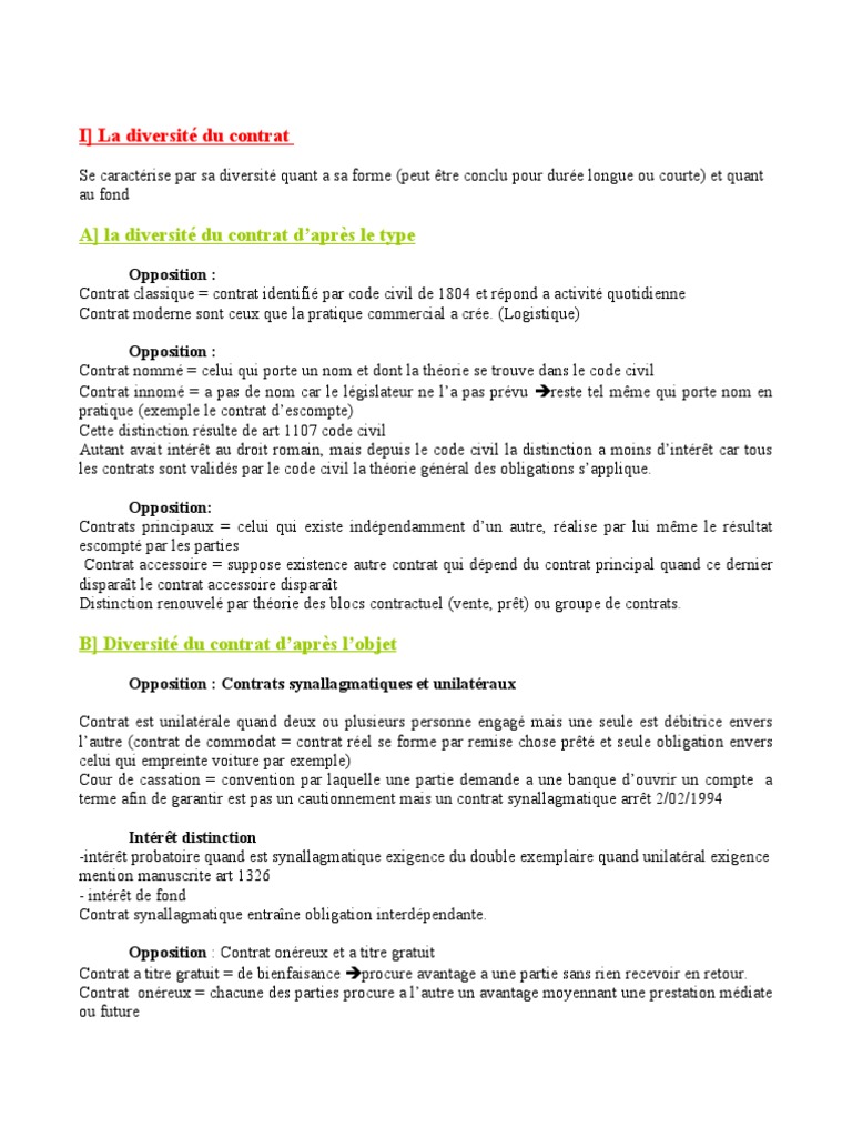 Différence Entre Contrat à Titre Onéreux Et Contrat Synallagmatique Notes Le Contrat en Droit Civil | PDF | Sodles | Nullité du contrat en  droit civil français