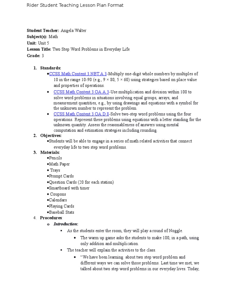 Student Teacher: Angela Walter Subject(s) : Math Unit: Unit 5 Lesson ...