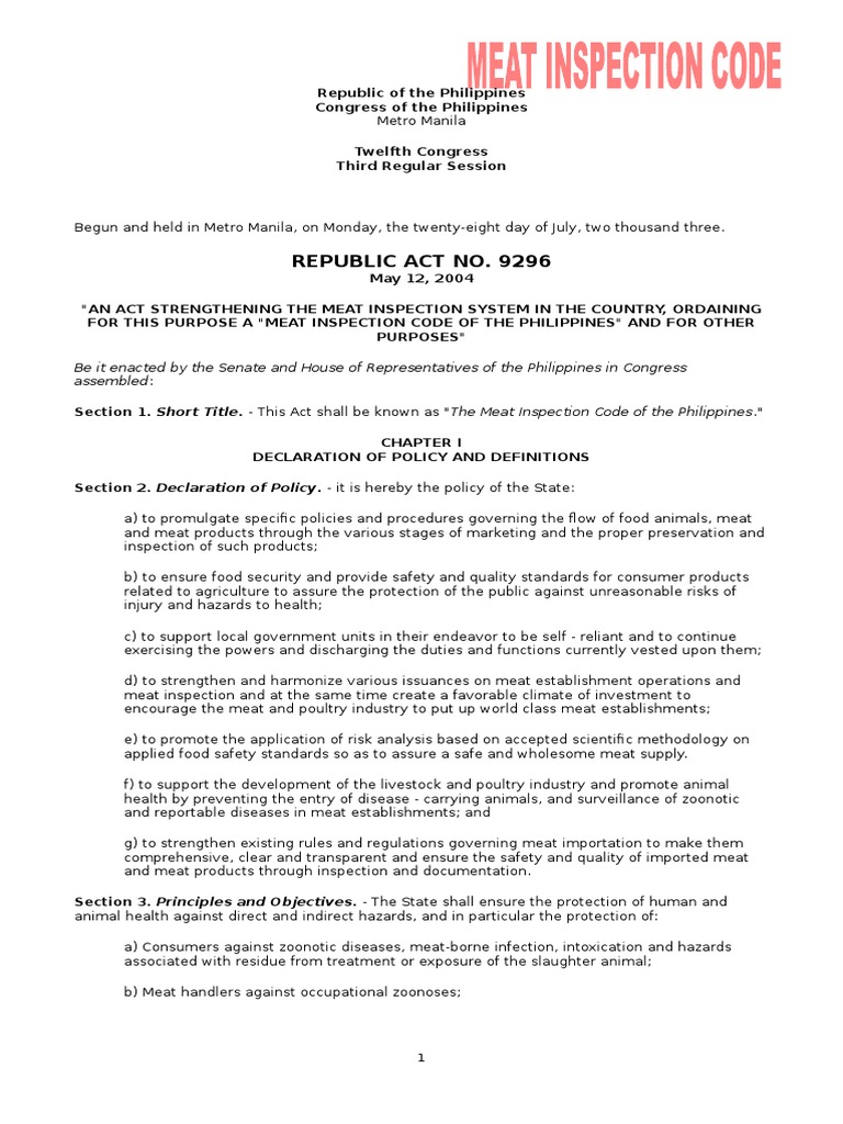 Meat Inspection Code of The Philippines PDF Animal Slaughter Meat