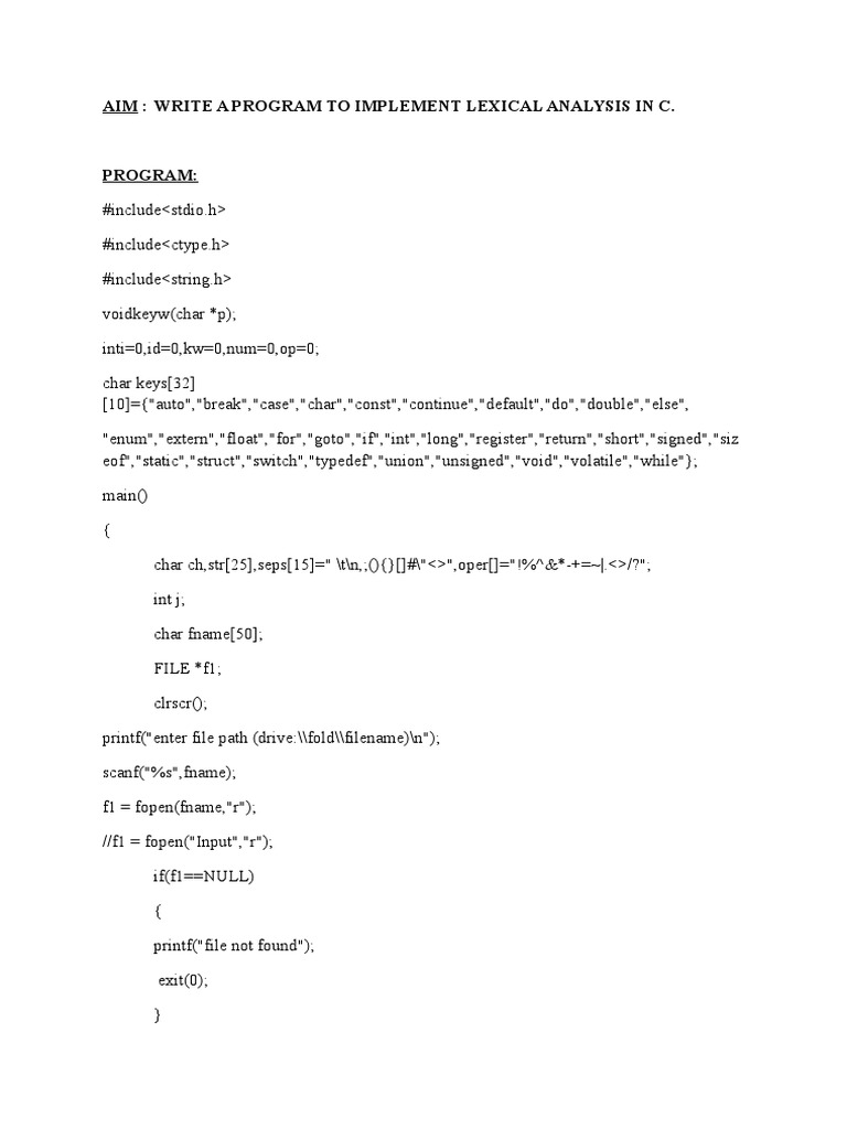 Aim: Write A Program To Implement Lexical Analysis in C | PDF ...