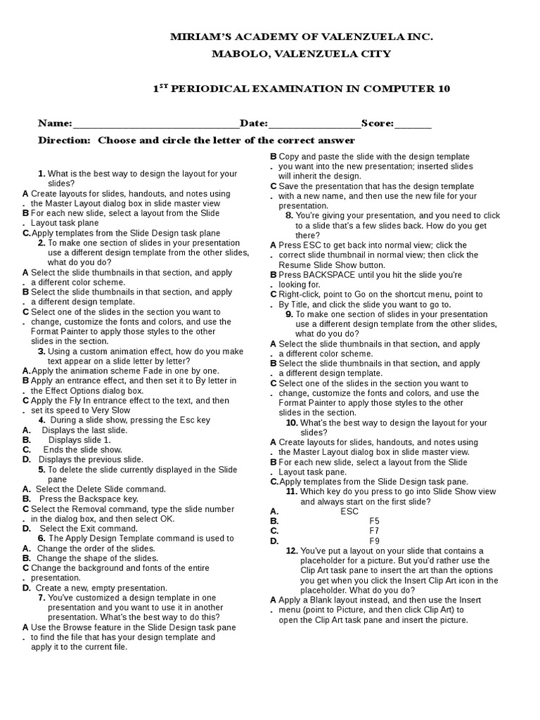 PowerPoint Exam for Computer 10 | PDF | Microsoft Power Point | System ...