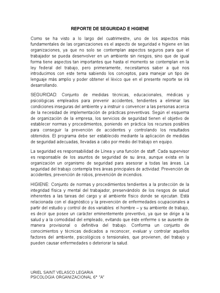 Informe de Seguridad e Higiene Laboral | PDF | La seguridad | Recursos ...