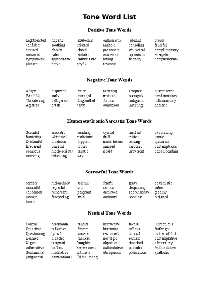 Comprehensive Tone Words List | PDF | Essays | Paragraph
