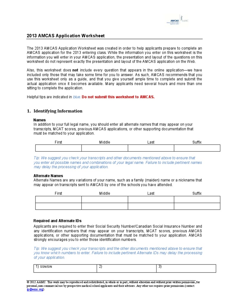 Amcas Application Worksheet PDF Zip Code Medical College