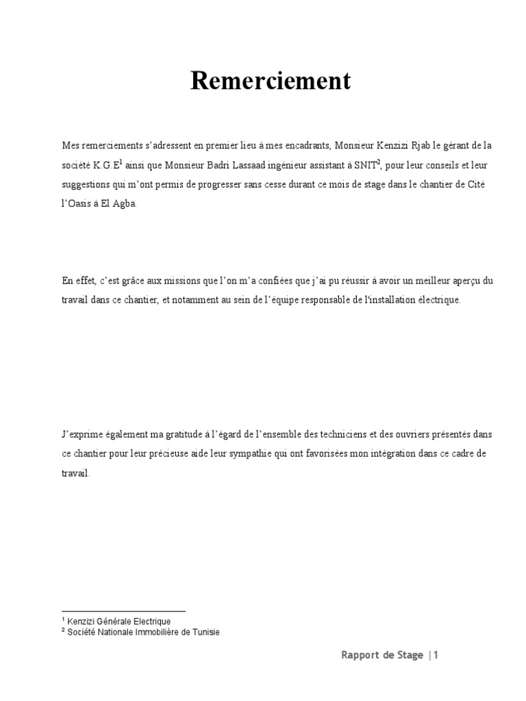 Rapport de Stage Ouvrier  Tunis  Tunisie